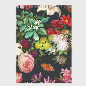Скетчбук с принтом Цветы в Екатеринбурге, 100% бумага
 | 48 листов, плотность листов — 100 г/м2, плотность картонной обложки — 250 г/м2. Листы скреплены сверху удобной пружинной спиралью | арт | бабочка | бабочки | белая лилия | белый | желтый | зеленый | картина | краски | красный | лилии | лилия | рисунок | рисунок красками | роза | розовая роза | розовый | розы | тёмный | фиолетовый