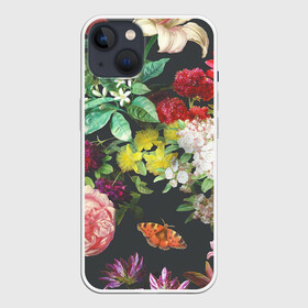 Чехол для iPhone 13 с принтом Цветы в Екатеринбурге,  |  | арт | бабочка | бабочки | белая лилия | белый | желтый | зеленый | картина | краски | красный | лилии | лилия | рисунок | рисунок красками | роза | розовая роза | розовый | розы | тёмный | фиолетовый