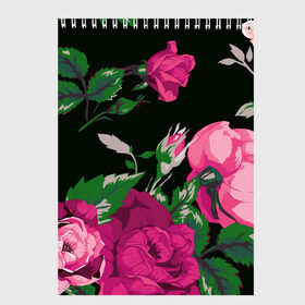 Скетчбук с принтом Розы в Екатеринбурге, 100% бумага
 | 48 листов, плотность листов — 100 г/м2, плотность картонной обложки — 250 г/м2. Листы скреплены сверху удобной пружинной спиралью | арт | бутон | бутоны | зеленый | краски | кусты роз | рисунок | роза | розовая роза | розовые розы | розовый | розы