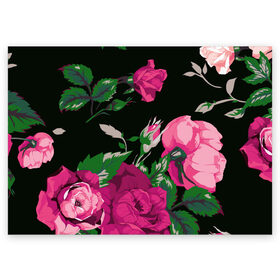 Поздравительная открытка с принтом Розы в Екатеринбурге, 100% бумага | плотность бумаги 280 г/м2, матовая, на обратной стороне линовка и место для марки
 | арт | бутон | бутоны | зеленый | краски | кусты роз | рисунок | роза | розовая роза | розовые розы | розовый | розы