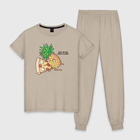 Женская пижама хлопок с принтом No one needs to know в Екатеринбурге, 100% хлопок | брюки и футболка прямого кроя, без карманов, на брюках мягкая резинка на поясе и по низу штанин | hawaiian | hawaiian pizza | pineapple | pizza | pizza with pineapple | ананас и пицца | ананса | гавайская | гавайская пицца | пицца | пицца с ананасом