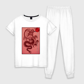 Женская пижама хлопок с принтом Дракон в Екатеринбурге, 100% хлопок | брюки и футболка прямого кроя, без карманов, на брюках мягкая резинка на поясе и по низу штанин | Тематика изображения на принте: china | chinese dragon | дракон | китай | китайский дракон | китайский язык