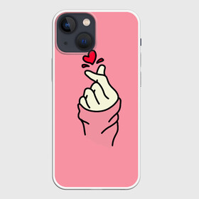 Чехол для iPhone 13 mini с принтом Корейское сердечко в Екатеринбурге,  |  | Тематика изображения на принте: bts | k pop | korea | likee | бтс | жест | к поп | кей поп | корейский | корейское сердечко | корея | лайк | лайк пальцами | любовь | пальцы | сердце | сердце пальцами | символ сердца | щелчок пальцами
