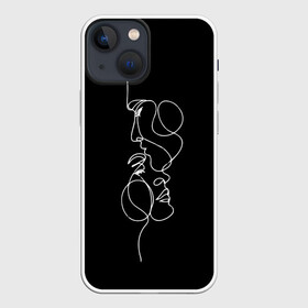 Чехол для iPhone 13 mini с принтом минимализм лица в Екатеринбурге,  |  | белая линия | лица | минимализм | минимализм чб | мужское и женское лицо | одним касанием | одной линией | рисунок белой линией | целует в лоб