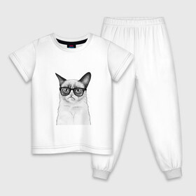 Детская пижама хлопок с принтом Кот хипстер в Екатеринбурге, 100% хлопок |  брюки и футболка прямого кроя, без карманов, на брюках мягкая резинка на поясе и по низу штанин
 | grumpy cat | арт | кот | кошка | очки | рисунок | хипстер | черный | чёрный белый