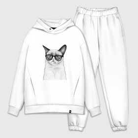 Мужской костюм хлопок OVERSIZE с принтом Кот хипстер в Екатеринбурге,  |  | grumpy cat | арт | кот | кошка | очки | рисунок | хипстер | черный | чёрный белый