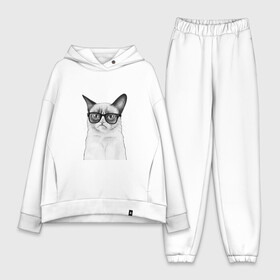 Женский костюм хлопок Oversize с принтом Кот хипстер в Екатеринбурге,  |  | grumpy cat | арт | кот | кошка | очки | рисунок | хипстер | черный | чёрный белый