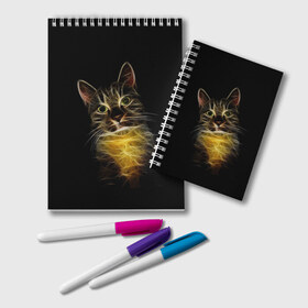 Блокнот с принтом Дымчато-световой кот в Екатеринбурге, 100% бумага | 48 листов, плотность листов — 60 г/м2, плотность картонной обложки — 250 г/м2. Листы скреплены удобной пружинной спиралью. Цвет линий — светло-серый
 | Тематика изображения на принте: арт | дым | желтый | кот | кошка | кривые | рисунок | свет | серый | тёмный | чёрный | яркие линии