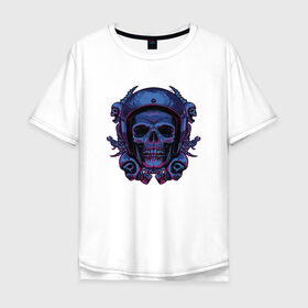 Мужская футболка хлопок Oversize с принтом Череп Байкера в Екатеринбурге, 100% хлопок | свободный крой, круглый ворот, “спинка” длиннее передней части | bike | biker | blue | forcer | gang | gangster | harley | helmet | horror | motorcycle | piston | scary | skeleton | skull | skulls | wrench | байк | банда | бандит | гаечный | ключ | мото | поршень | поршни | синий | скелет | страшный | ужас | 