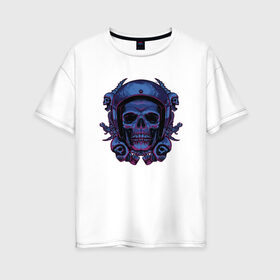 Женская футболка хлопок Oversize с принтом Череп Байкера в Екатеринбурге, 100% хлопок | свободный крой, круглый ворот, спущенный рукав, длина до линии бедер
 | bike | biker | blue | forcer | gang | gangster | harley | helmet | horror | motorcycle | piston | scary | skeleton | skull | skulls | wrench | байк | банда | бандит | гаечный | ключ | мото | поршень | поршни | синий | скелет | страшный | ужас | 