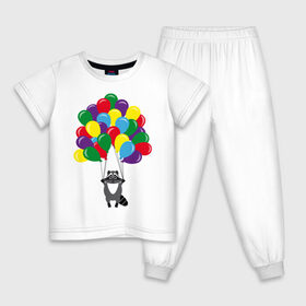 Детская пижама хлопок с принтом Енот с шариками в Екатеринбурге, 100% хлопок |  брюки и футболка прямого кроя, без карманов, на брюках мягкая резинка на поясе и по низу штанин
 | воздушные шарики | енот | мультяшный | разноцветный