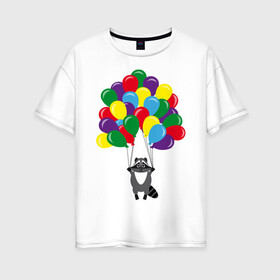 Женская футболка хлопок Oversize с принтом Енот с шариками в Екатеринбурге, 100% хлопок | свободный крой, круглый ворот, спущенный рукав, длина до линии бедер
 | воздушные шарики | енот | мультяшный | разноцветный