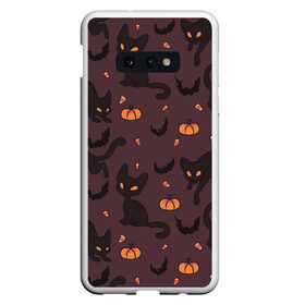 Чехол для Samsung S10E с принтом Хэллоуиновский кот в Екатеринбурге, Силикон | Область печати: задняя сторона чехла, без боковых панелей | арт | конфеты | кот | котёнок | кошка | оранжевый | рисунок | тёмный | тыква | тыквы | фиолетовый | хеллоуин | хэллоуин | чёрный