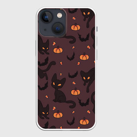Чехол для iPhone 13 mini с принтом Хэллоуиновский кот в Екатеринбурге,  |  | арт | конфеты | кот | котёнок | кошка | оранжевый | рисунок | тёмный | тыква | тыквы | фиолетовый | хеллоуин | хэллоуин | чёрный