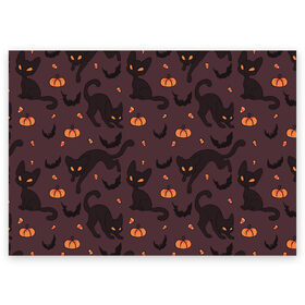 Поздравительная открытка с принтом Хэллоуиновский кот в Екатеринбурге, 100% бумага | плотность бумаги 280 г/м2, матовая, на обратной стороне линовка и место для марки
 | Тематика изображения на принте: арт | конфеты | кот | котёнок | кошка | оранжевый | рисунок | тёмный | тыква | тыквы | фиолетовый | хеллоуин | хэллоуин | чёрный