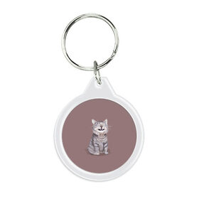 Брелок круглый с принтом Котёнок ыыы в Екатеринбурге, пластик и полированная сталь | круглая форма, металлическое крепление в виде кольца | арт | кот | котёнок | кошка | мем | мемный кот | мемный котенок | мэм | мэмный котёнок | рисунок | серый | серый кот | тёмный | фиолетовый