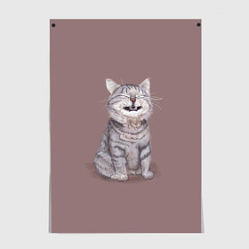 Постер с принтом Котёнок ыыы в Екатеринбурге, 100% бумага
 | бумага, плотность 150 мг. Матовая, но за счет высокого коэффициента гладкости имеет небольшой блеск и дает на свету блики, но в отличии от глянцевой бумаги не покрыта лаком | арт | кот | котёнок | кошка | мем | мемный кот | мемный котенок | мэм | мэмный котёнок | рисунок | серый | серый кот | тёмный | фиолетовый