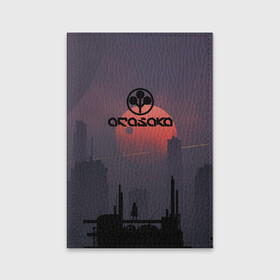 Обложка для паспорта матовая кожа с принтом Cyberpunk 2077 - (Arasaka) в Екатеринбурге, натуральная матовая кожа | размер 19,3 х 13,7 см; прозрачные пластиковые крепления | arasaka | cyberpunk 2077 | cyberpunk 2077 (arasaka) | город | игра | луна | минимализм | рисунок