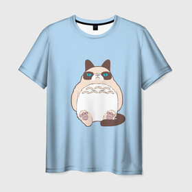 Мужская футболка 3D с принтом Тоторный кот в Екатеринбурге, 100% полиэфир | прямой крой, круглый вырез горловины, длина до линии бедер | grumpy cat | белый | кот тоторо | кот. недовольный кот | крем | мило | милота | мимишка | тоторо