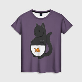 Женская футболка 3D с принтом Довольный кот в Екатеринбурге, 100% полиэфир ( синтетическое хлопкоподобное полотно) | прямой крой, круглый вырез горловины, длина до линии бедер | Тематика изображения на принте: аквариум | арт | вода | золотая рыбка | кот | котёнок | кошка | рисунок | рыба | рыбка | фиолетовый | чёрная кошка | черный кот | чёрный котёнок