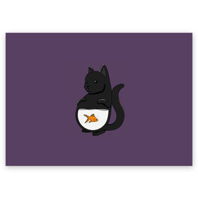 Поздравительная открытка с принтом Довольный кот в Екатеринбурге, 100% бумага | плотность бумаги 280 г/м2, матовая, на обратной стороне линовка и место для марки
 | Тематика изображения на принте: аквариум | арт | вода | золотая рыбка | кот | котёнок | кошка | рисунок | рыба | рыбка | фиолетовый | чёрная кошка | черный кот | чёрный котёнок