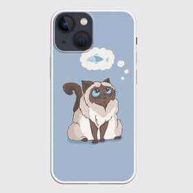 Чехол для iPhone 13 mini с принтом Голодный котейка в Екатеринбурге,  |  | арт | бирманская кошка | бирманский кот | бирманский котёнок | голодный | кот | котёнок | кошка | мечтательный | мысли | рисунок | рыба | рыбка