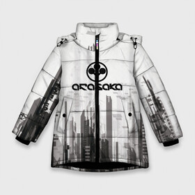 Зимняя куртка для девочек 3D с принтом Cyberpunk 2077 (Arasaka) в Екатеринбурге, ткань верха — 100% полиэстер; подклад — 100% полиэстер, утеплитель — 100% полиэстер. | длина ниже бедра, удлиненная спинка, воротник стойка и отстегивающийся капюшон. Есть боковые карманы с листочкой на кнопках, утяжки по низу изделия и внутренний карман на молнии. 

Предусмотрены светоотражающий принт на спинке, радужный светоотражающий элемент на пуллере молнии и на резинке для утяжки. | arasaka | cyberpunk 2077 | cyberpunk 2077 (arasaka) | город | игра | минимализм