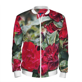 Мужской бомбер 3D с принтом Red Roses в Екатеринбурге, 100% полиэстер | застегивается на молнию, по бокам два кармана без застежек, по низу бомбера и на воротнике - эластичная резинка | Тематика изображения на принте: bush | floral | flower | garden | green | nature | red roses | бутоны | красная роза | куст | листья | природа | роза | сад | цветение | цветок | цветы
