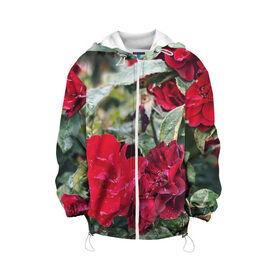 Детская куртка 3D с принтом Red Roses в Екатеринбурге, 100% полиэстер | застежка — молния, подол и капюшон оформлены резинкой с фиксаторами, по бокам — два кармана без застежек, один потайной карман на груди, плотность верхнего слоя — 90 г/м2; плотность флисового подклада — 260 г/м2 | Тематика изображения на принте: bush | floral | flower | garden | green | nature | red roses | бутоны | красная роза | куст | листья | природа | роза | сад | цветение | цветок | цветы