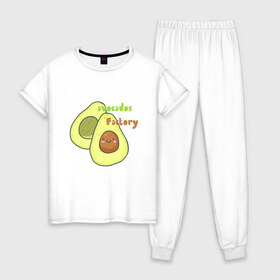Женская пижама хлопок с принтом avocados factory в Екатеринбурге, 100% хлопок | брюки и футболка прямого кроя, без карманов, на брюках мягкая резинка на поясе и по низу штанин | avocados factory | авокадик | авокадо | авокадо с косточкой | авокадчик | милые авокадо