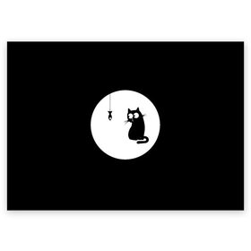 Поздравительная открытка с принтом Ночная охота в Екатеринбурге, 100% бумага | плотность бумаги 280 г/м2, матовая, на обратной стороне линовка и место для марки
 | Тематика изображения на принте: арт | кот | котёнок | кошка | луна | ночь | рисунок | рыба | рыбалка | черная кошка | черный кот | чёрный котёнок