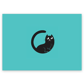 Поздравительная открытка с принтом Чёрный котя в Екатеринбурге, 100% бумага | плотность бумаги 280 г/м2, матовая, на обратной стороне линовка и место для марки
 | Тематика изображения на принте: арт | бирюзовый | вектор | зеленый | кот | котёнок | кошка | рисунок | чёрная кошка | чёрный | чёрный кот | чёрный котёнок