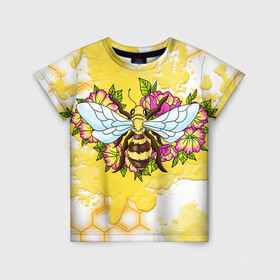 Детская футболка 3D с принтом Пчела в Екатеринбурге, 100% гипоаллергенный полиэфир | прямой крой, круглый вырез горловины, длина до линии бедер, чуть спущенное плечо, ткань немного тянется | Тематика изображения на принте: крылья | мёд | оса | пчела | пчёлы | соты | цветы