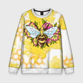 Детский свитшот 3D с принтом Пчела в Екатеринбурге, 100% полиэстер | свободная посадка, прямой крой, мягкая тканевая резинка на рукавах и понизу свитшота | крылья | мёд | оса | пчела | пчёлы | соты | цветы