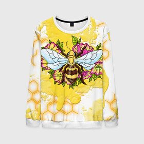 Мужской свитшот 3D с принтом Пчела в Екатеринбурге, 100% полиэстер с мягким внутренним слоем | круглый вырез горловины, мягкая резинка на манжетах и поясе, свободная посадка по фигуре | крылья | мёд | оса | пчела | пчёлы | соты | цветы