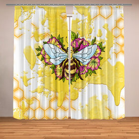 Фотошторы с принтом Пчела в Екатеринбурге, Блэкаут (светозащита 90%) / Габардин (светозащита 40% | 2 полотна шириной по 145 см; Высота 200-300 см; Крепление: шторная лента (на крючки); | крылья | мёд | оса | пчела | пчёлы | соты | цветы