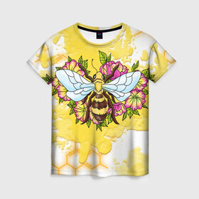 Женская футболка 3D с принтом Пчела в Екатеринбурге, 100% полиэфир ( синтетическое хлопкоподобное полотно) | прямой крой, круглый вырез горловины, длина до линии бедер | крылья | мёд | оса | пчела | пчёлы | соты | цветы