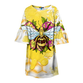 Детское платье 3D с принтом Пчела в Екатеринбурге, 100% полиэстер | прямой силуэт, чуть расширенный к низу. Круглая горловина, на рукавах — воланы | крылья | мёд | оса | пчела | пчёлы | соты | цветы