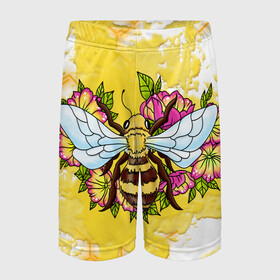 Детские спортивные шорты 3D с принтом Пчела в Екатеринбурге,  100% полиэстер
 | пояс оформлен широкой мягкой резинкой, ткань тянется
 | Тематика изображения на принте: крылья | мёд | оса | пчела | пчёлы | соты | цветы
