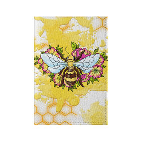Обложка для паспорта матовая кожа с принтом Пчела в Екатеринбурге, натуральная матовая кожа | размер 19,3 х 13,7 см; прозрачные пластиковые крепления | крылья | мёд | оса | пчела | пчёлы | соты | цветы
