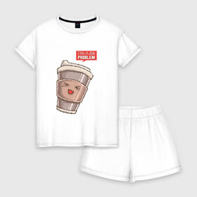 Женская пижама с шортиками хлопок с принтом 8 бит Латте в Екатеринбурге, 100% хлопок | футболка прямого кроя, шорты свободные с широкой мягкой резинкой | 8 bit | 8bit | 8бит | art | coffee | cup | cute | kawaii | mug | pixel | pixelart | problem | арт | восьмибитная | восьмибитные | кавайный | капучино | кофе | кофеек | милота | милый | пиксели | пиксель | пиксельная | проблема | стакан