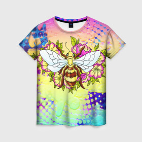 Женская футболка 3D с принтом Пчела и цветы в Екатеринбурге, 100% полиэфир ( синтетическое хлопкоподобное полотно) | прямой крой, круглый вырез горловины, длина до линии бедер | космос | пчела | пчёлка | пчёлы | туманность | цветы