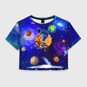 Женская футболка Crop-top 3D с принтом Space bicycle в Екатеринбурге, 100% полиэстер | круглая горловина, длина футболки до линии талии, рукава с отворотами | astronaut | bicycle | comet | cosmos | earth | jupiter | mars | moon | saturn | space | spacesuit | star | астронавт | велосипед | звезда | земля | комета | космонавт | космос | луна | марс | сатурн | скафандр | юлитер