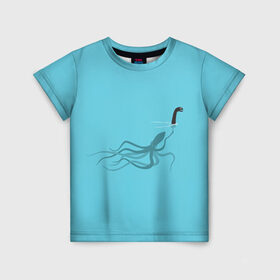 Детская футболка 3D с принтом Тайна Лох-несского чудовища в Екатеринбурге, 100% гипоаллергенный полиэфир | прямой крой, круглый вырез горловины, длина до линии бедер, чуть спущенное плечо, ткань немного тянется | арт | море | осьминог | рисунок | синий | шутка
