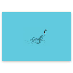 Поздравительная открытка с принтом Тайна Лох-несского чудовища в Екатеринбурге, 100% бумага | плотность бумаги 280 г/м2, матовая, на обратной стороне линовка и место для марки
 | арт | море | осьминог | рисунок | синий | шутка