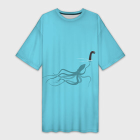 Платье-футболка 3D с принтом Тайна Лох несского чудовища в Екатеринбурге,  |  | арт | море | осьминог | рисунок | синий | шутка