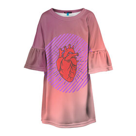 Детское платье 3D с принтом Сердечко на розовом фоне в Екатеринбурге, 100% полиэстер | прямой силуэт, чуть расширенный к низу. Круглая горловина, на рукавах — воланы | Тематика изображения на принте: круг | любовь | неон | полосатый | розовый | сердце | сияние | фиолетовый