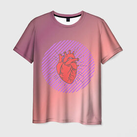 Мужская футболка 3D с принтом Сердечко на розовом фоне в Екатеринбурге, 100% полиэфир | прямой крой, круглый вырез горловины, длина до линии бедер | круг | любовь | неон | полосатый | розовый | сердце | сияние | фиолетовый
