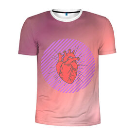 Мужская футболка 3D спортивная с принтом Сердечко на розовом фоне в Екатеринбурге, 100% полиэстер с улучшенными характеристиками | приталенный силуэт, круглая горловина, широкие плечи, сужается к линии бедра | Тематика изображения на принте: круг | любовь | неон | полосатый | розовый | сердце | сияние | фиолетовый