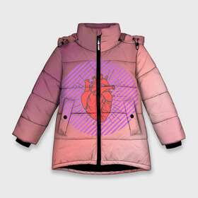 Зимняя куртка для девочек 3D с принтом Сердечко на розовом фоне в Екатеринбурге, ткань верха — 100% полиэстер; подклад — 100% полиэстер, утеплитель — 100% полиэстер. | длина ниже бедра, удлиненная спинка, воротник стойка и отстегивающийся капюшон. Есть боковые карманы с листочкой на кнопках, утяжки по низу изделия и внутренний карман на молнии. 

Предусмотрены светоотражающий принт на спинке, радужный светоотражающий элемент на пуллере молнии и на резинке для утяжки. | Тематика изображения на принте: круг | любовь | неон | полосатый | розовый | сердце | сияние | фиолетовый
